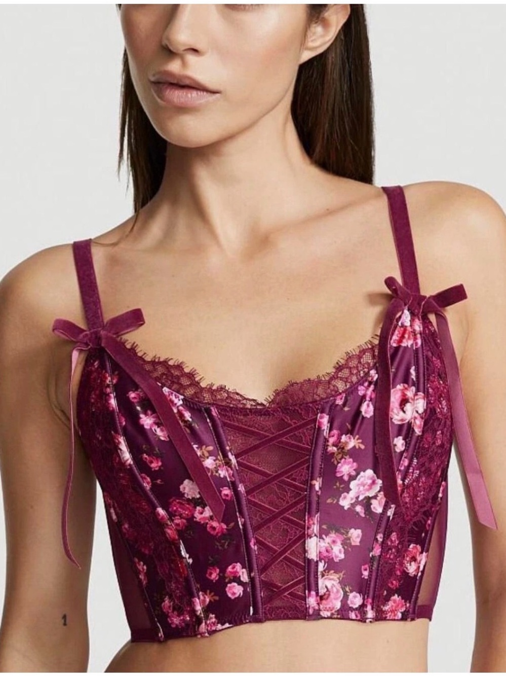 Victoria's Secret Dream Angels Burgundy Floral Corset Size S DD Velvet Lace NWT